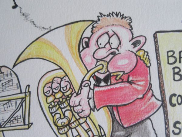 Original Cartoon Artwork - Bass Player in red Jacket Busking - Image 2